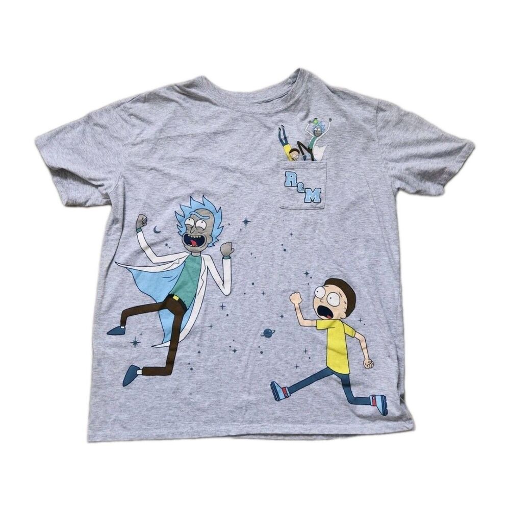Rick & Morty Graphic Print Pocket T-Shirt Gray Crewneck Short Sleeve Juniors XXL